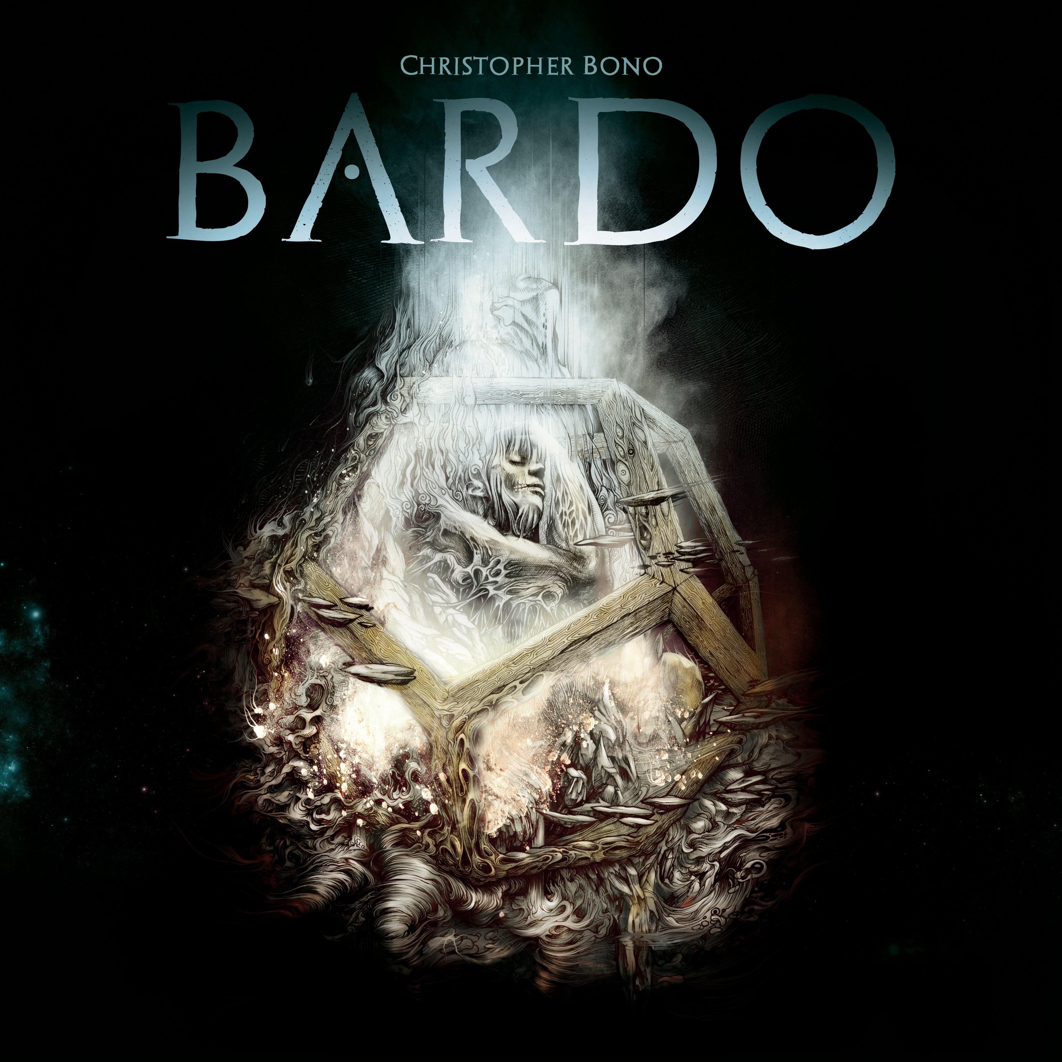 BARDO (Christopher Bono) album cover — an illustrated robed figure emerging from smoke and swirling waves