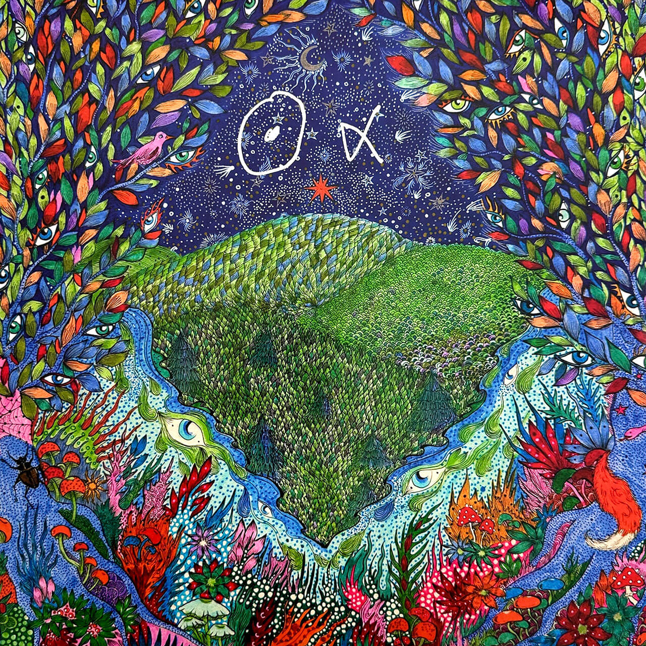 A Walk in the Woods (Nous Alpha) album cover — a colorful folk-art landscape of leaves, birds, animals, and eyes under a starry sky