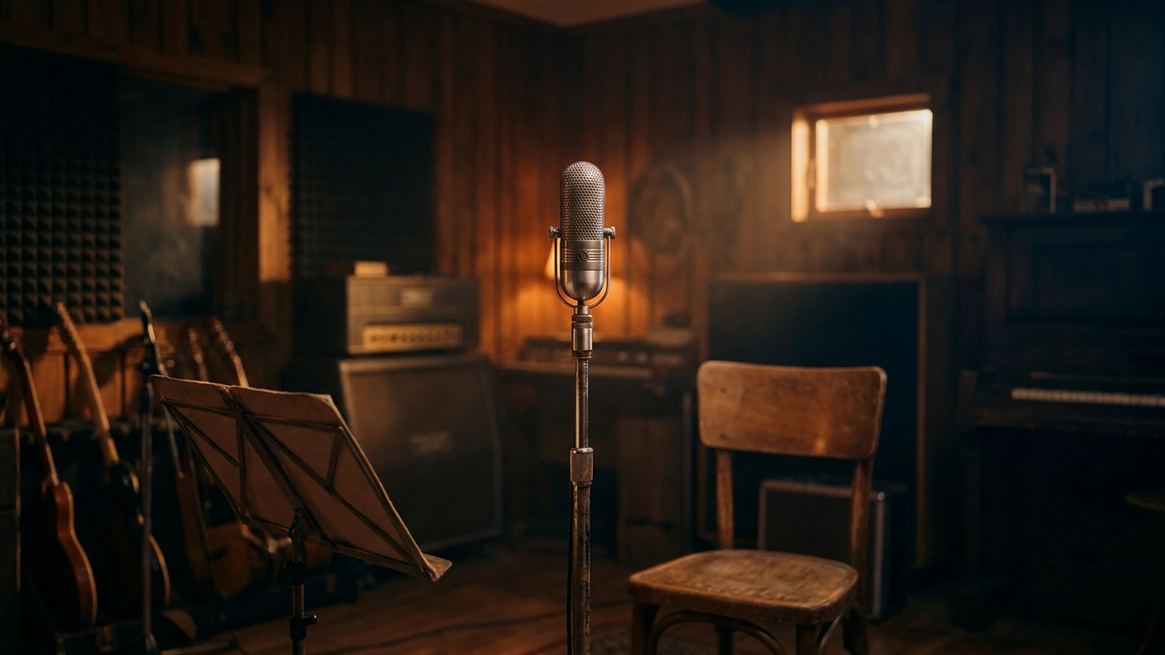 Atmospheric studio microphone and chair still for Ingrid Sertso